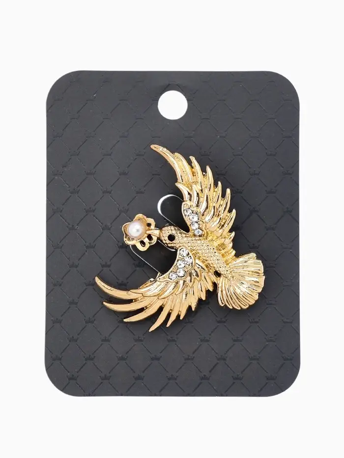 Брошь "Калибри с цветком", цвет белый в золоте