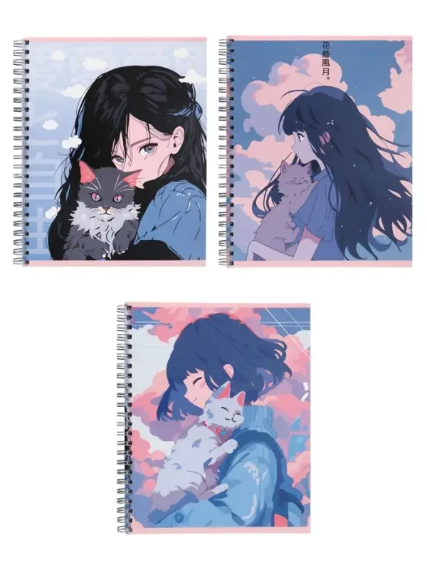 Компл тетр из 3шт 96л кл на гребне Аниме Девочка с котом, обл мел карт, офсет (10296906)