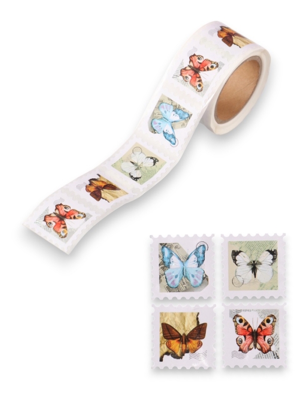 Наклейка бумага "Марки. Бабочки" 3х3 см 200 шт в рулоне