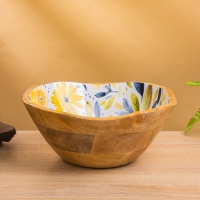 Салатник "Желтые и синие цветы" дерево манго 23х23х10,5 см