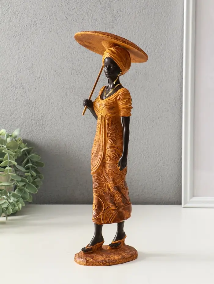 Сувенир полистоун "Африканка в горчичном наряде с зонтом" 11,5х11,5х36,5 см