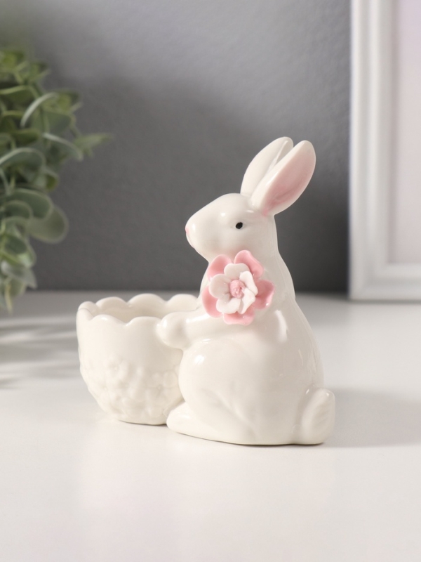Сувенир керамика подставка "Белый кролик с цветочком" 5,6х10,5х10 см