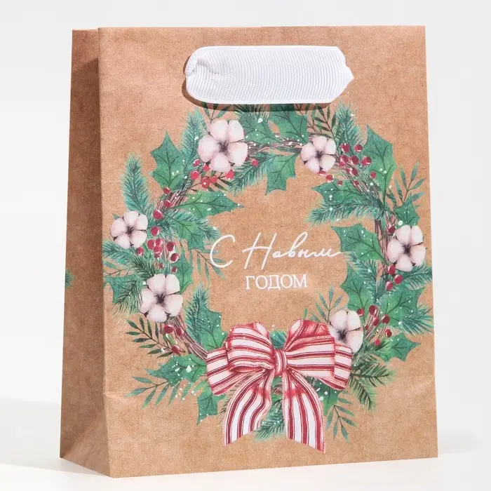 Пакет крафтовый вертикальный &laquo;Новогодний венок&raquo;, S 12 х 15 х 5.5 см