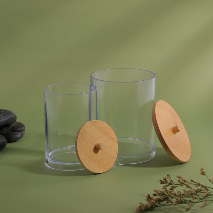 Органайзер для ватных палочек и дисков &laquo;BAMBOO&raquo;, с крышкой, 12 &times; 8,5 &times; 11 см, в картонной коробке, цвет прозрачный/коричневый