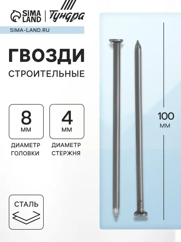Гвозди ТУНДРА, строительные, ГОСТ 4028-63, без покрытия, 4&times;100 мм, фасовка 0.2 кг