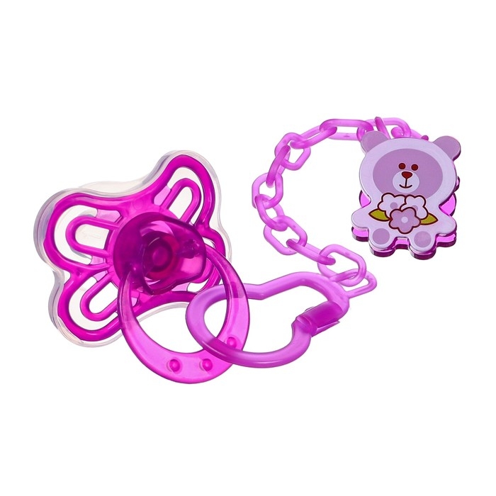 Соска - пустышка силиконовая классическая, от 6 мес., с колпачком + держатель &laquo;Мишка&raquo;, цвет фиолетовый