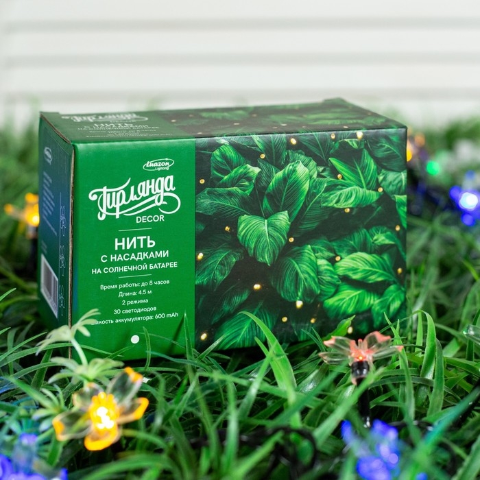 Гирлянда &laquo;Нить&raquo;, 4.5 м, с насадками в виде ромашек, IP44, 30 LED, 2 режима, солнечная батарея, тёмная нить, свечение мульти