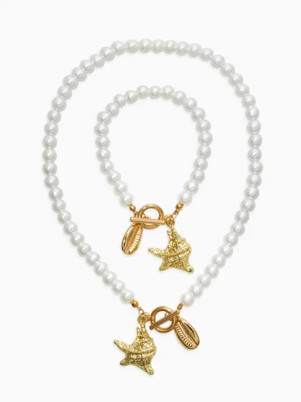 Набор 2 пред-та: бусы.браслет "Жемчуг", ракушка, цвет белый в золоте L=18/42см №8