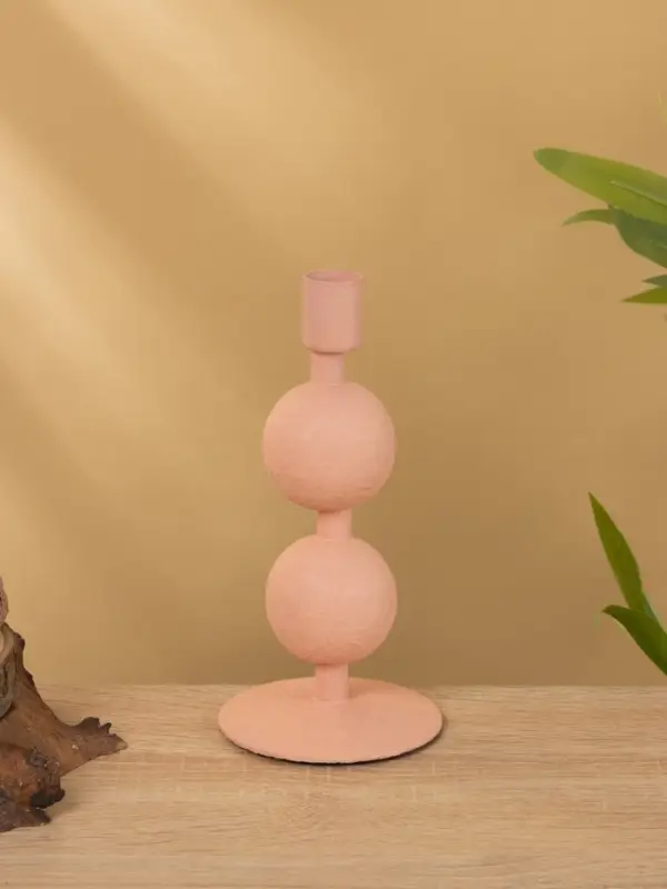 Подсвечник на 1 свечу текстурный "Пудровый розовый" с 2 сферами 8,5х8,5х18 см
