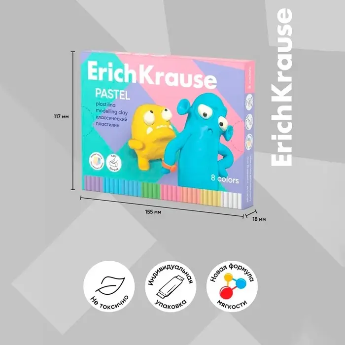 Пластилин 8 цветов, 144 г, ErichKrause "Jolly Friends Pastel", со стеком, в картонной упаковке