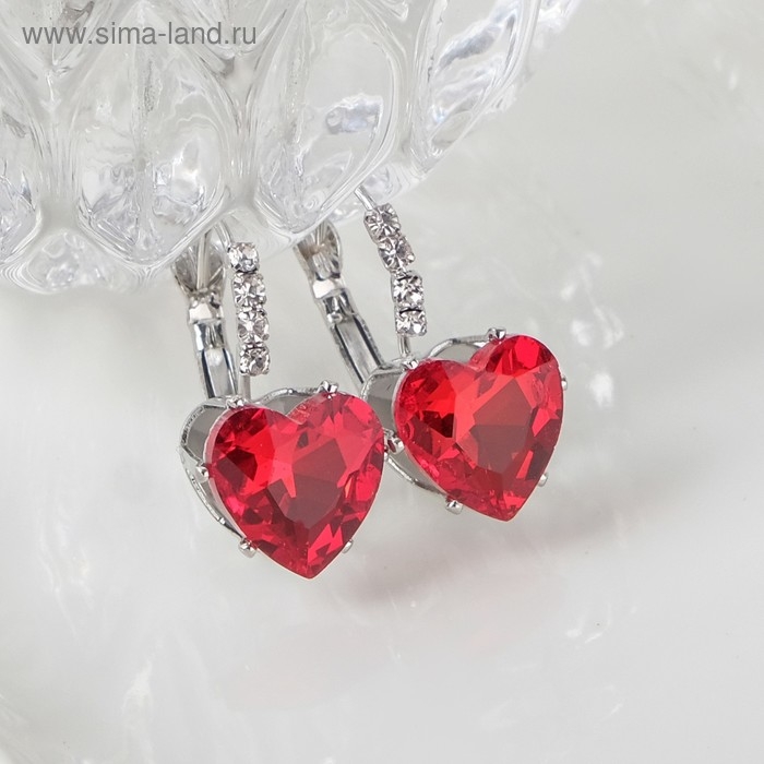 Серьги со стразами &laquo;Сердце&raquo; мерцание, цвет бело-красный в серебре