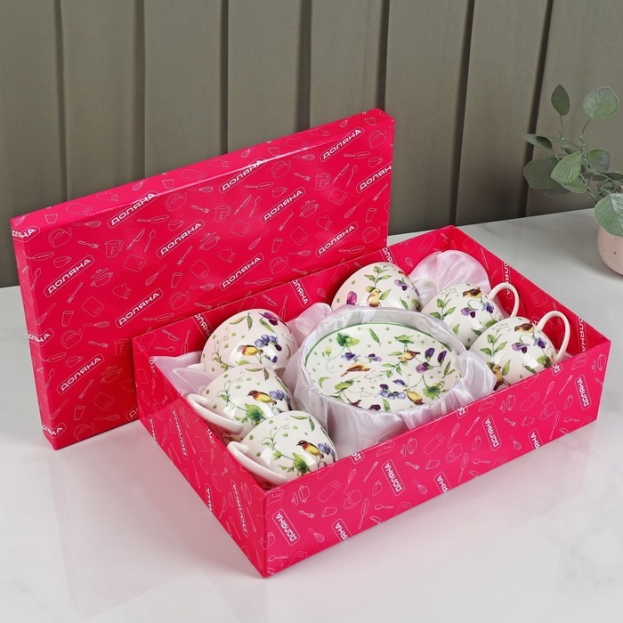 Сервиз фарфоровый чайный Доляна &laquo;Зелёный сад&raquo;, 12 предметов: 6 чашек 220 мл, 6 блюдец d=13 см