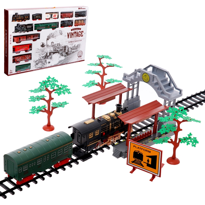 Железная дорога &laquo;Винтаж&raquo;, 2 состава в комплекте, свет и звук, работает от батареек