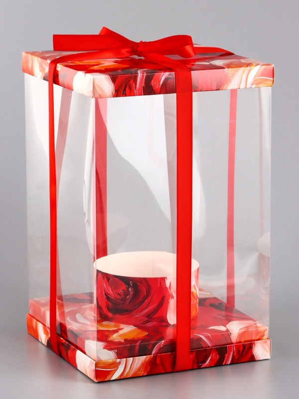 Коробка PVC, для цветов с лентой, 28 х 18 х 18 см, красный