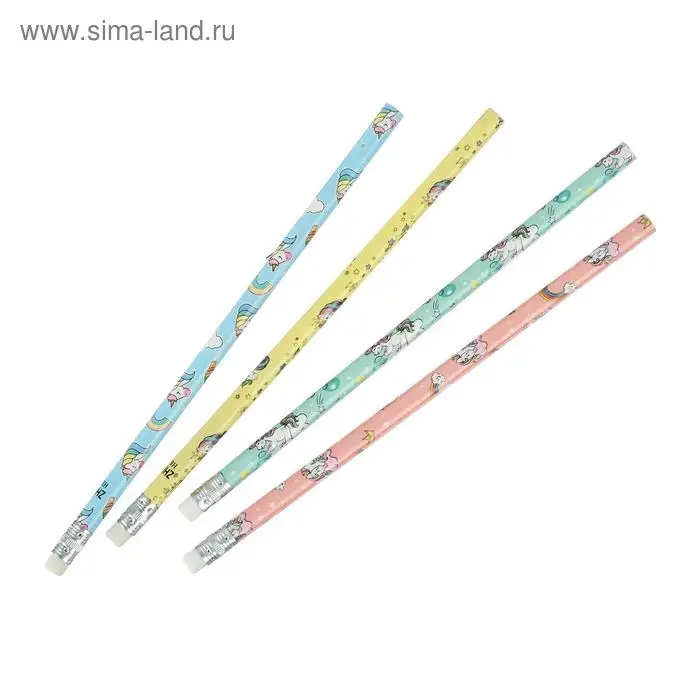 Карандаш чернографитный с ластиком &laquo;Единороги&raquo;, твердость НВ, корпус круглый, МИКС (штрихкод на штуке)