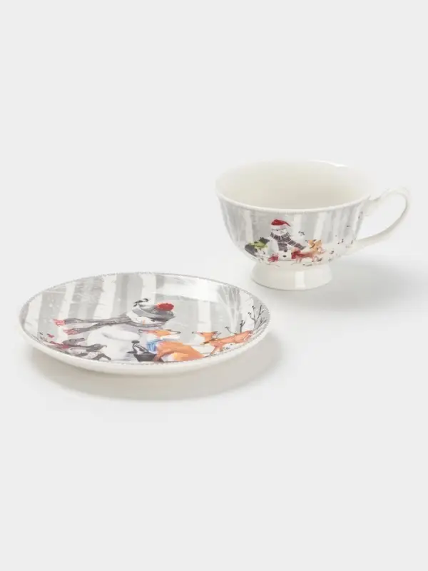 Чайная пара новогодняя &laquo;Снежные забавы&raquo;, 2 предмета: чашка 180 мл, блюдце d=15 см, керамика, подарочная упаковка, белая