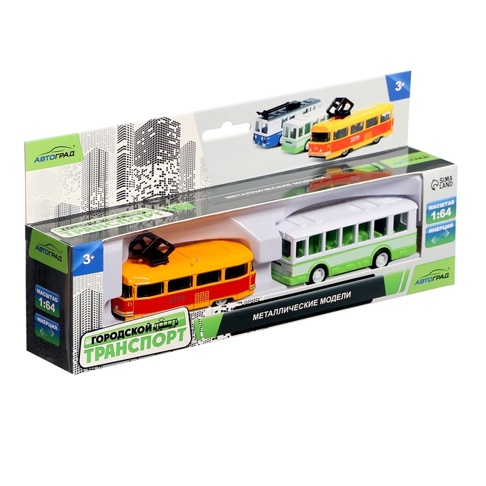 Набор металлический &laquo;Городской транспорт&raquo;, трамвай + автобус, инерционный, масштаб 1:64