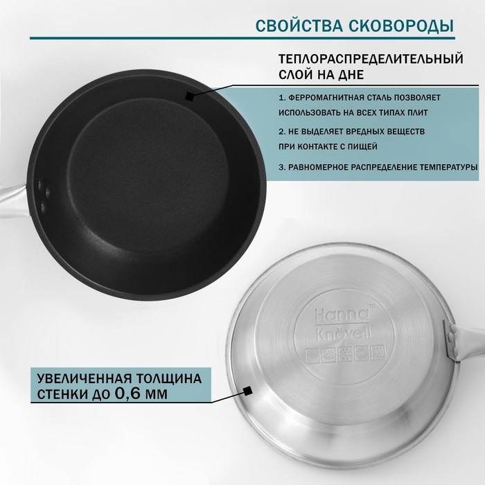 Сковорода из нержавеющей стали Hanna Kn&ouml;vell, d=22 см, h=5,5 см, толщина стенки 0,6 мм, длина ручки 21,5 см, антипригарное покрытие, индукция