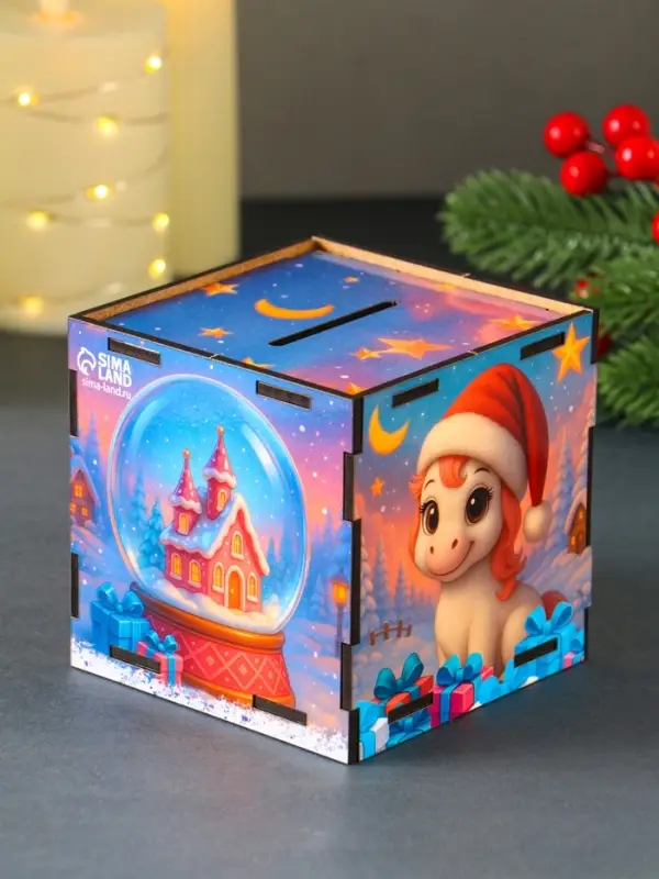 Новогодняя копилка куб "Лошадка. Все сбудется" 10х10х10 см (набор 7 деталей)