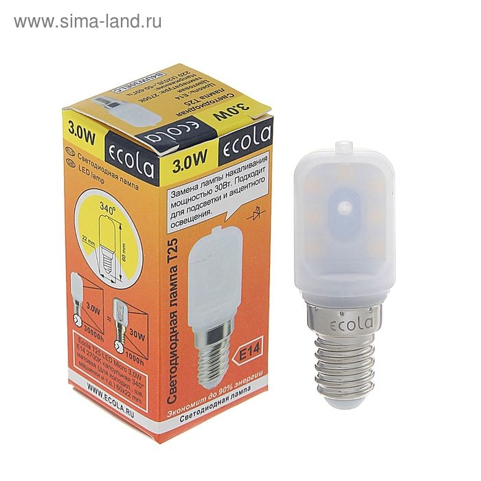Лампа светодиодная Ecola, T25, 3 Вт, 2700 К, 340&deg;, для холодильников и швейных машин