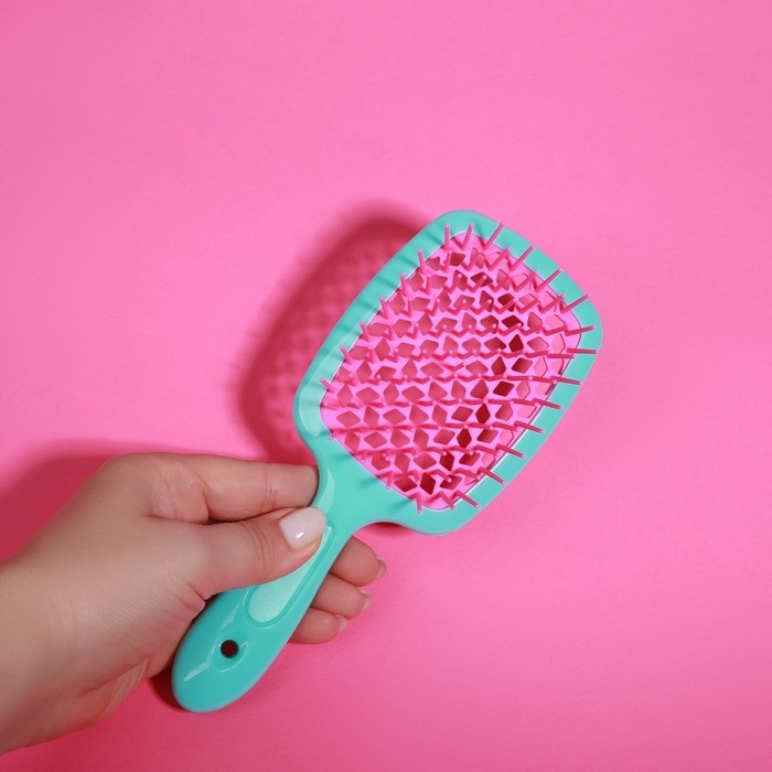 Расчёска массажная, широкая, вентилируемая, 8,5 &times; 20,5 см, PVC коробка, цвет бирюзовый/розовый