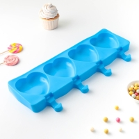 Форма для мороженого &laquo;Сердца&raquo;, силикон, 37&times;15&times;2,5 см, 4 ячейки (9,2&times;8,4 см), цвет МИКС