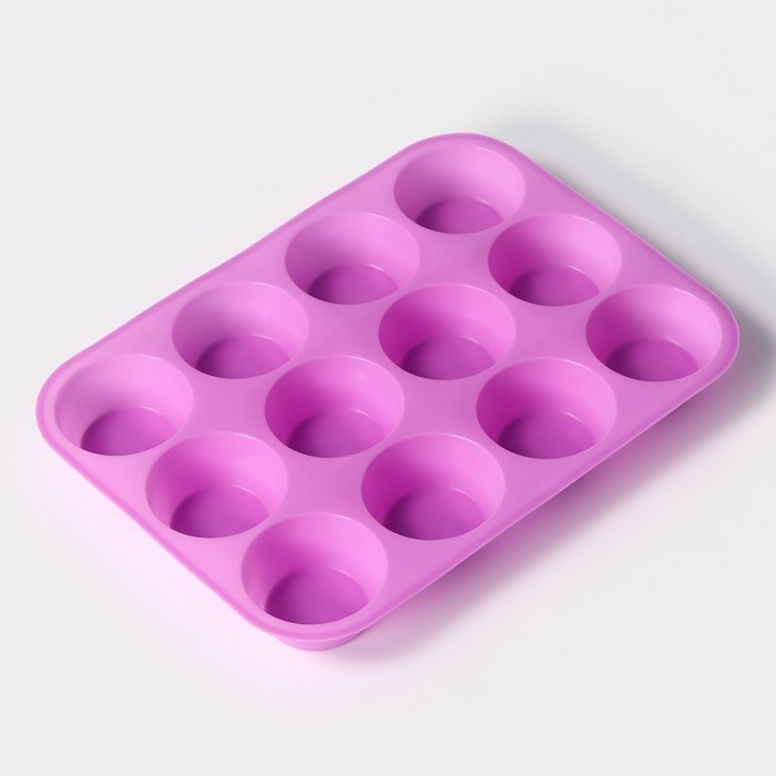 Форма для выпечки Доляна &laquo;Круг&raquo;, силикон, 29&times;22&times;3 см, 12 ячеек, d=6,5 см, цвет сиреневый