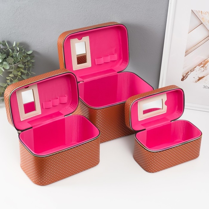 Шкатулка кожзам с зеркалом "Ромбы" охра набор 3 шт 19х10,5х10,5 21х13х14 15х23х17 см