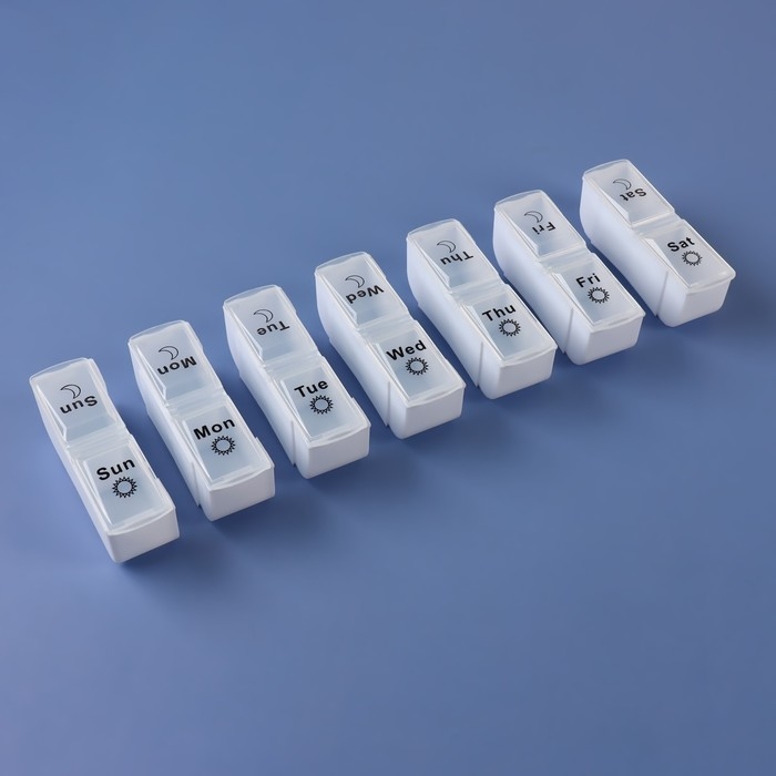 Таблетница - органайзер &laquo;Неделька&raquo;, со съёмными ячейками, утро/вечер, 18,8 &times; 9 &times; 3 см, 7 контейнеров по 2 ячейки, цвет белый