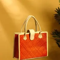 Сумка плетёная на застёжке из пандана 35х12х40 см, бежево-оранжевый