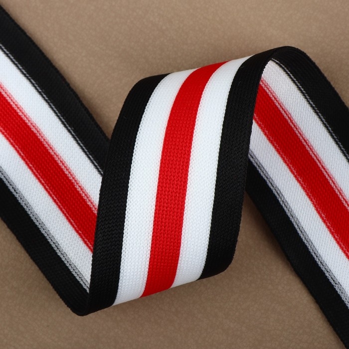 Тесьма трикотажная лампас 40 мм, 9,1 &plusmn; 0,5 м, цвет чёрный/белый/красный