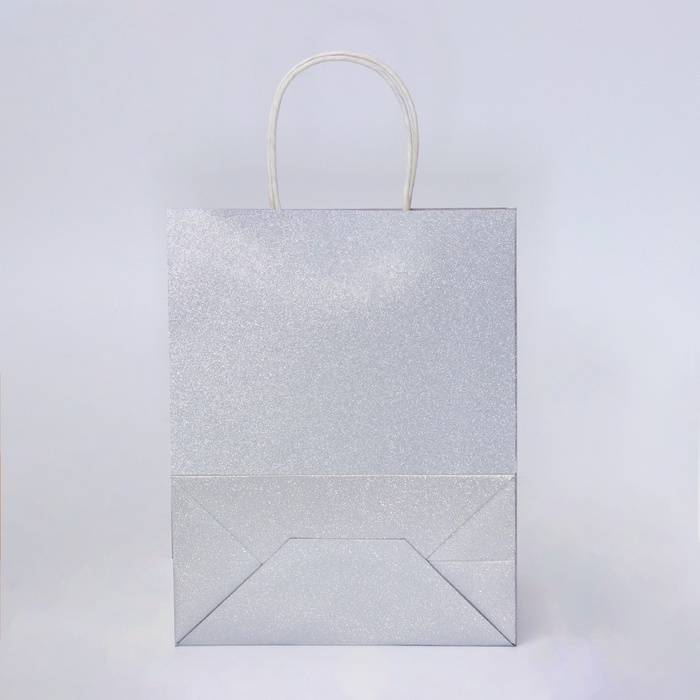 Пакет подарочный бумажный с глиттером серебрянный, 21 х 11 х 27 см