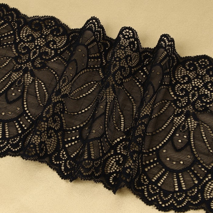 Кружевная эластичная ткань, 185 мм &times; 2,7 &plusmn; 0,5 м, цвет чёрный