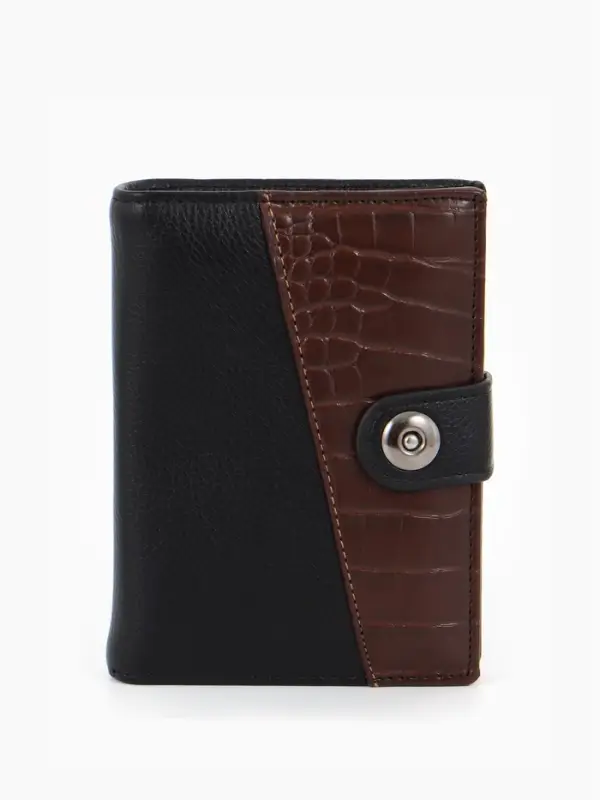 Портмоне мужское на кнопке, 3 в 1, для автодокументов и паспорта, 2 отдела, для карт, для монет, цвет чёрный/кофе