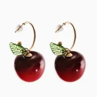 Серьги-кольца "Черешня с листочком", цвет бордовый в золоте