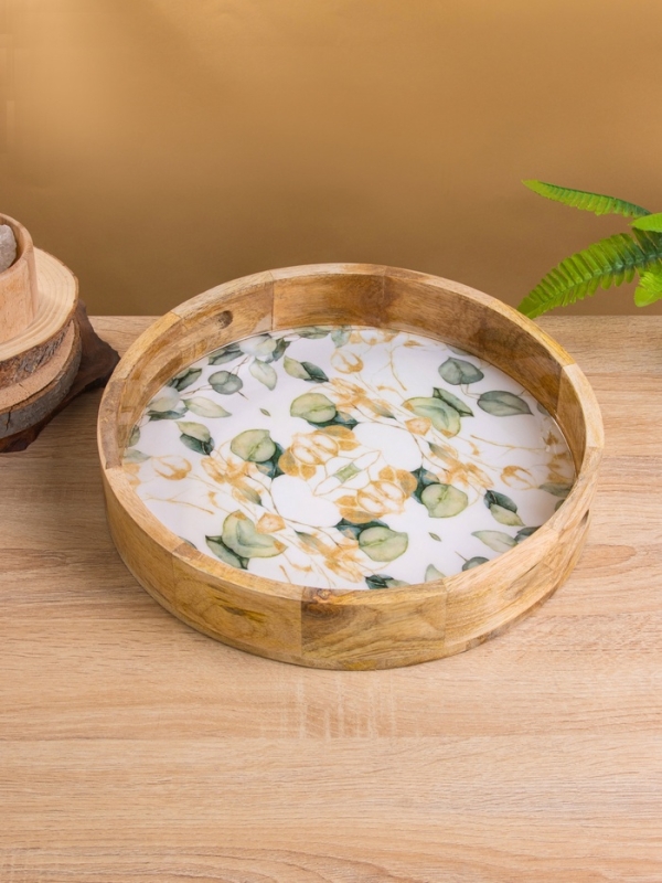 Поднос круглый с бортиками "Листья" дерево манго 35х35х6,5 см