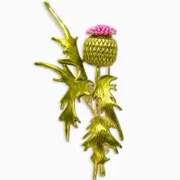 Брошь "Чертополох" растение, зелёно-розовый в золоте
