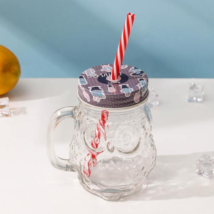 Кружка стеклянная с крышкой и трубочкой &laquo;Сова&raquo;, 470 мл, 10&times;11,5&times;12,5 см, цвет МИКС