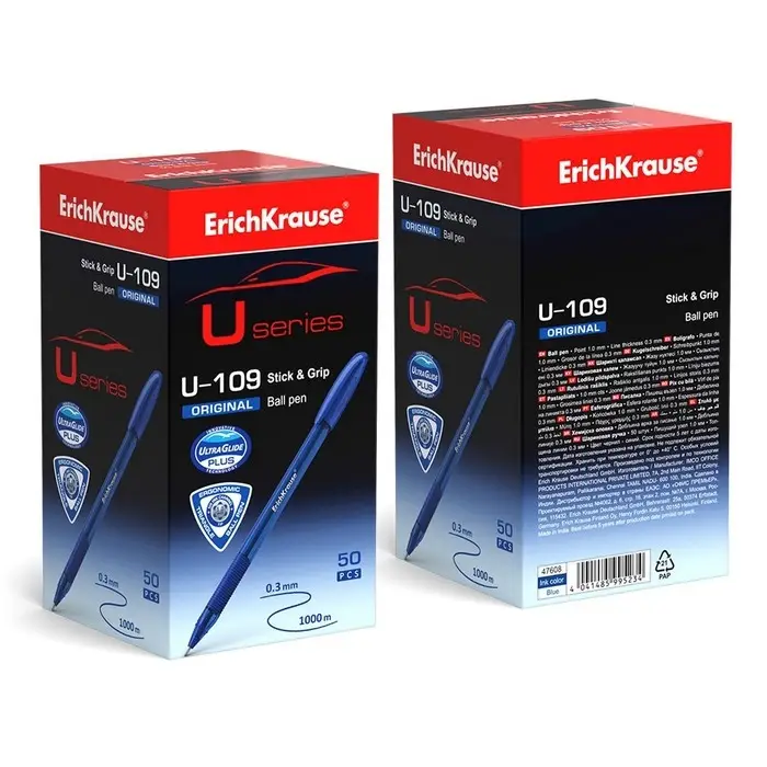 Ручка шариковая ErichKrause U-109 Original Stick&Grip, игольчатый узел 1.0 мм, чернила синие, резиновый держатель, супермягкое письмо