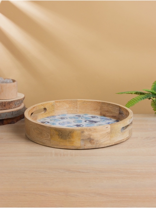 Поднос круглый с бортиками "Крабы" дерево манго 35х35х6,5 см