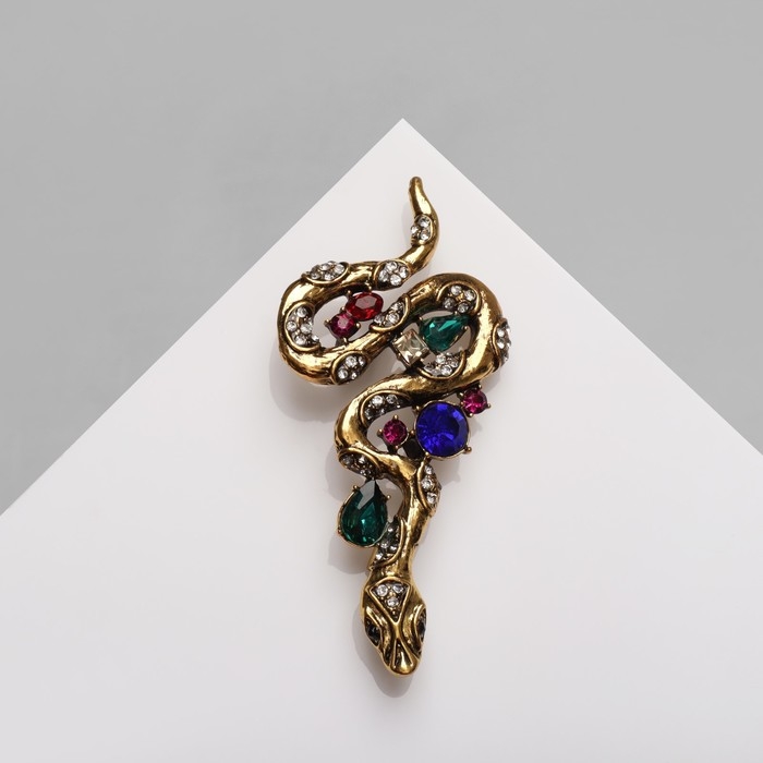 Новый год! Символ года 2025! Брошь &laquo;Змея&raquo; с камнями, цветная в чернёном золоте