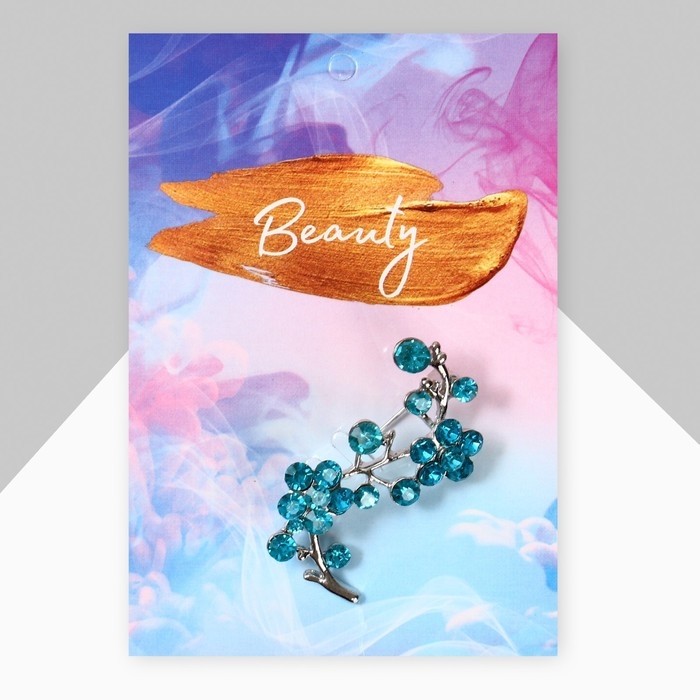 Брошь &laquo;Цветы&raquo; ветвь яблони, цвет голубой в серебре