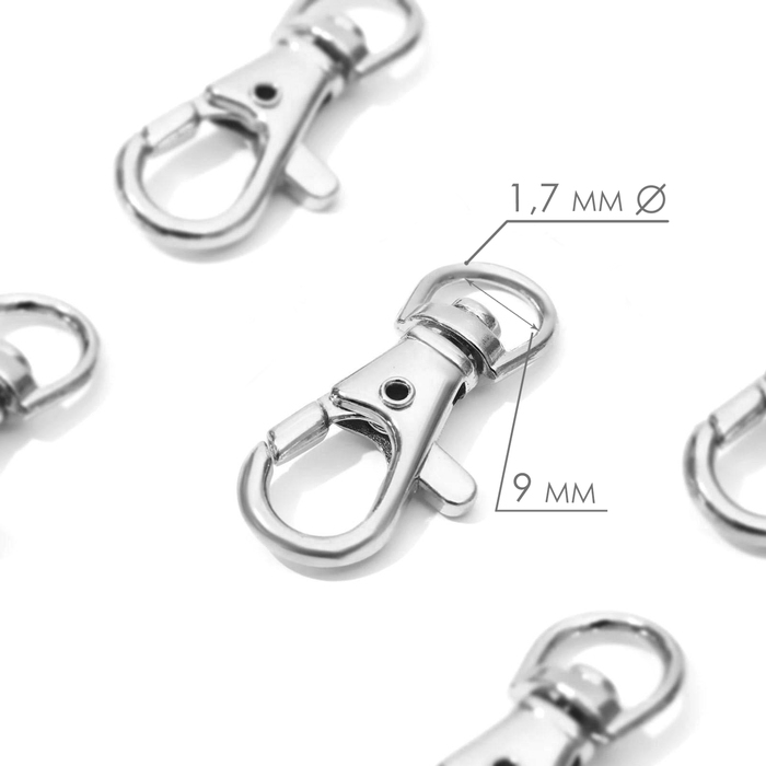 Карабин металлический, 37 &times; 12 мм / 9 &times; 1,7 мм, 10 шт, цвет серебряный