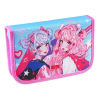 Пенал 1 секция, 130 х 210 х 40 мм, 2 откидные планки, тканевый, Calligrata TOP, Content "Аниме подружки"