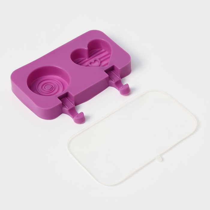 Форма для мороженого &laquo;Любовь&raquo;, силикон, 19,5&times;11&times;2,5 см, 2 ячейки, с крышкой и палочками (50 шт), цвет МИКС