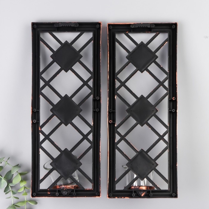 Подсвечник пластик, стекло на 1 свечу "Зеркальные ромбы" н-р 2 шт d-4 см золото 8х12х30,5 см   90688