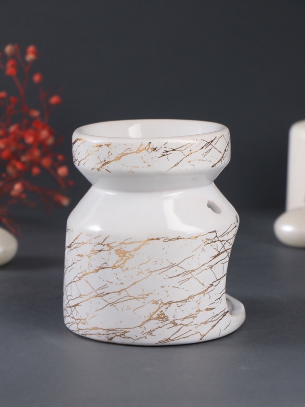 Аромалампа керамика "Белый мрамор с золотыми трещинками" 9,8х9,8х11 см