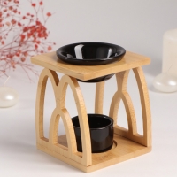 Аромалампа бамбук, керамика с подставкой под свечу "Узоры" чёрная 9,5х9,5х13,5 см