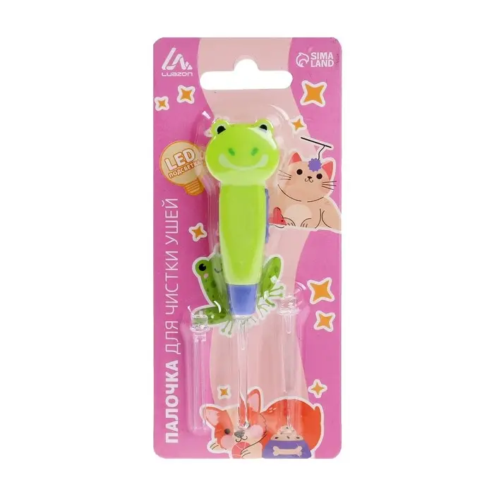 Палочка для чистки ушей LES-02, LED-подсветка, 3 насадки, от батареек, лягушка