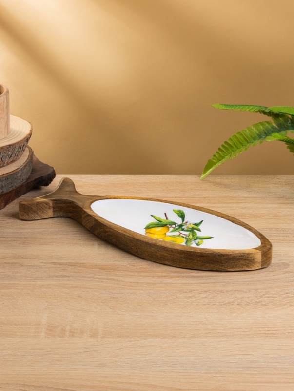 Блюдо в форме рыбки "Лимоны" дерево манго 32х11,5х2 см